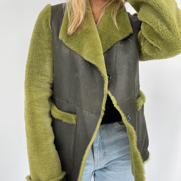 Real Shearling Light Green Crossover Reversible Jacket - Picture 4 of 8
